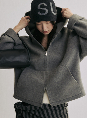 SLO“老钱周末”短款羊毛外套女2025新款高级感卫衣式双面呢上衣