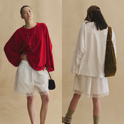 SLO“ 白日梦想”蕾丝短裤新疆长绒棉高支高密微皱肌理白色短裤女