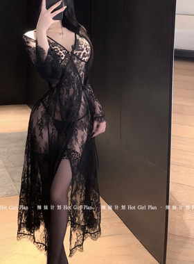 辣妹计划：情难自控*豹纹蕾丝边战睡衣女透视魅惑袍性感睡裙qqny