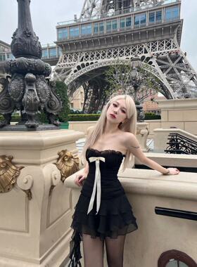 Cjxnh蝴蝶结连衣裙 雪纺修身抹胸裙褶皱飘带显瘦百搭仙女辣妹包邮