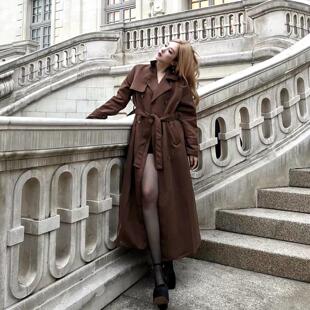 Cjxnh麂皮风衣深卡其色美拉德24秋冬长外套绑带气质百搭过膝显瘦