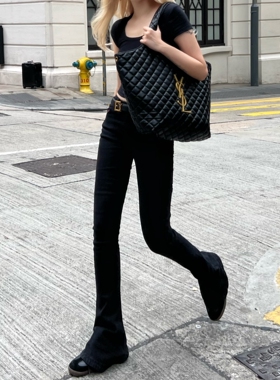 Cjxnh加绒马蹄裤 修身显瘦薄绒保暖拖地裤微喇长裤女黑色水洗牛仔