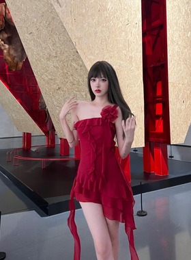 Cjxnh荷叶边飘带连衣裙 红色黑色辣妹不规则朴彩英mv显瘦百搭春夏