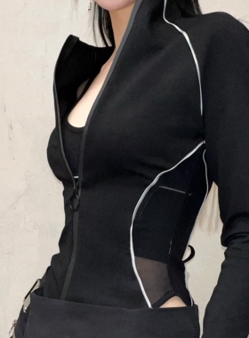 Cjxnh半拉链上衣辣妹透视柳智敏腰带扣饰机能修身镂空打底长袖T恤