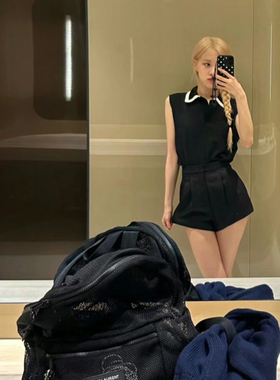 Cjxnh学院风套装 朴彩英私服同款polo马甲上衣背心短裤显瘦黑色