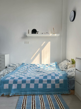 棋盘格子毯子蓝色格子毯子沙发毯盖布床盖小清新