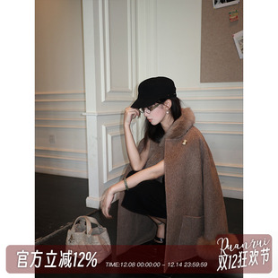 Ruanrui高干文女主 可拆卸真狐狸毛围脖斗篷大衣 100绵羊毛双面呢
