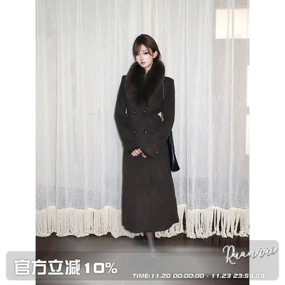 优雅韵味羊毛混纺狐狸毛收腰大衣