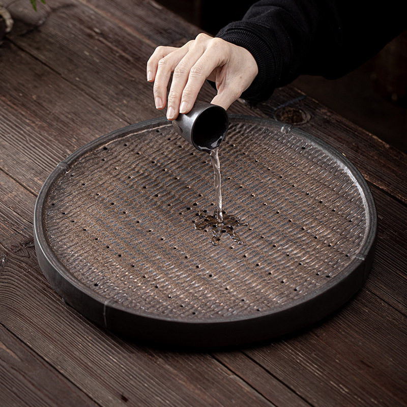 日式鎏金铁釉五谷丰登茶盘陶瓷大号茶台茶托储水排水双用干泡盘