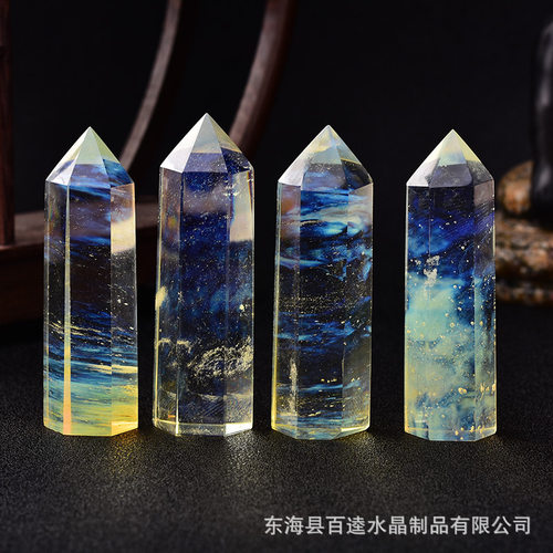熔炼黄色单尖六棱柱能量水晶饰装饰工居摆件