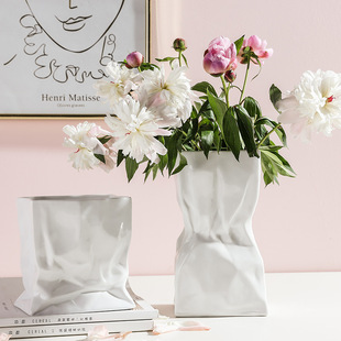 韩国风艺术纸袋褶皱陶瓷花瓶装饰摆件严选收纳盒跨境