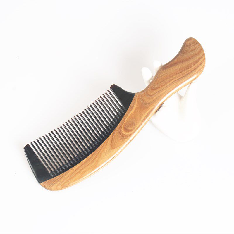 厂家牛角拼接绿檀木梳密齿双弯手柄烫发顺发梳头部按梳子