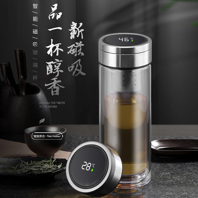 智能测温茶水分离磁吸泡茶杯独立茶仓玻璃杯双层隔热显温磁吸水杯