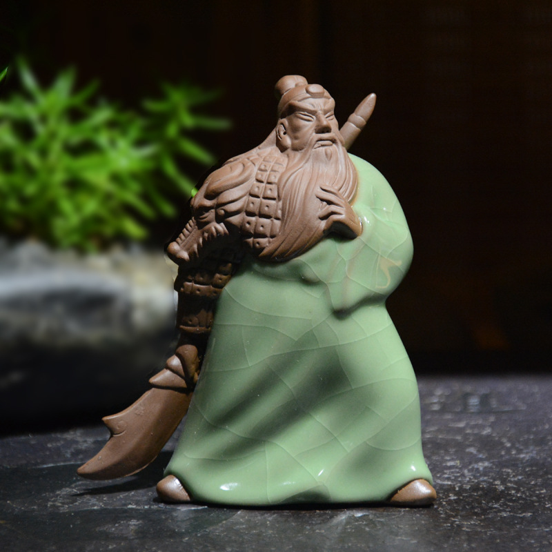 关公单刀赴会哥窑开片紫砂茶宠摆件茶具茶道零配关公耍大刀