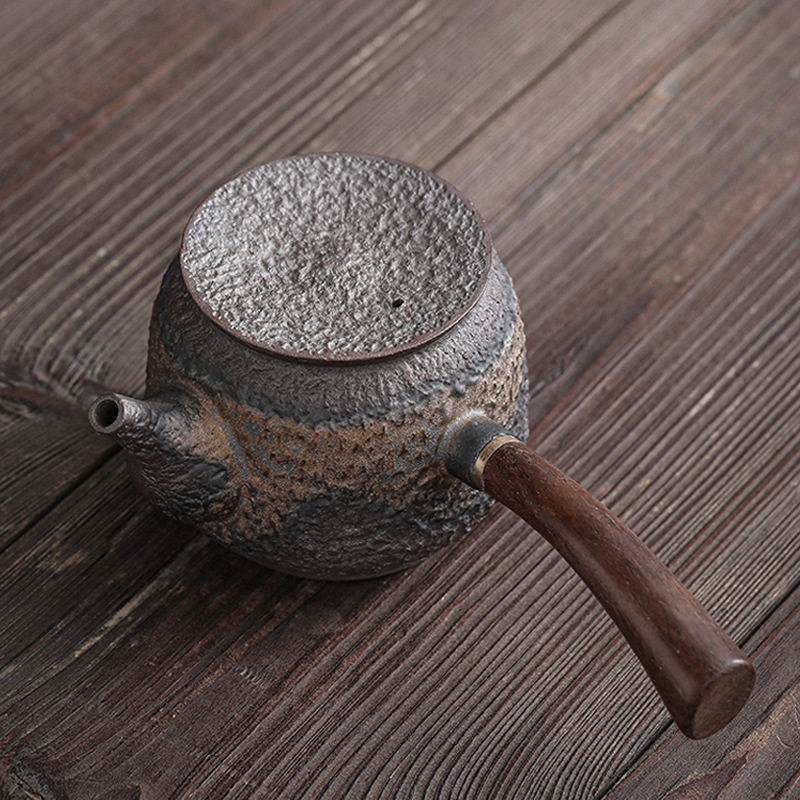 古早烧黑檀木侧把壶陶瓷功夫茶壶鎏金铁釉茶壶日式复古粗陶单壶