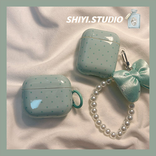 小香风薄荷波点链条挂饰适用AirPods4保护套新款iPod苹果耳机壳1/2代无线蓝牙3代airpodspro2代软防摔保护壳