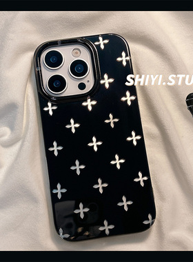 冷淡风高级黑底十字花适用苹果17promax手机壳17pro新款iphon16小众15pro女款15pm硅胶14防摔13韩系双层硬壳