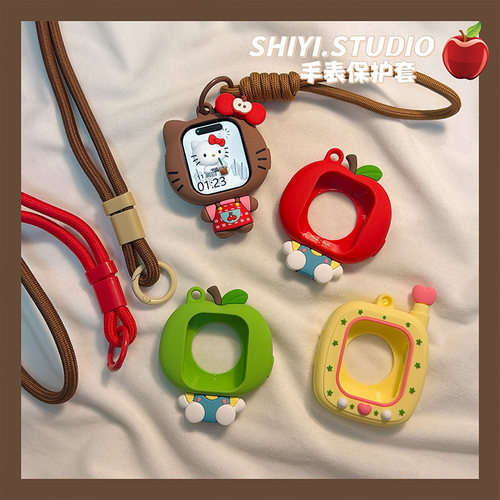 可爱樱桃黑皮kt挂绳式适用苹果手表s11保护壳iwatchs9876s10代se