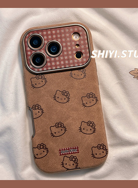 复古格纹可爱kitty脑袋适用苹果17promax手机壳16pro新款iphon17日韩15pro少女心15硅胶14防摔13小众皮质软壳