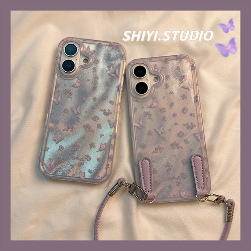 韩系ins温柔紫蝴蝶碎花适用苹果16promax手机壳带挂绳17pro新款iphone13小众14pro女17硅胶16pro全包硬手机套