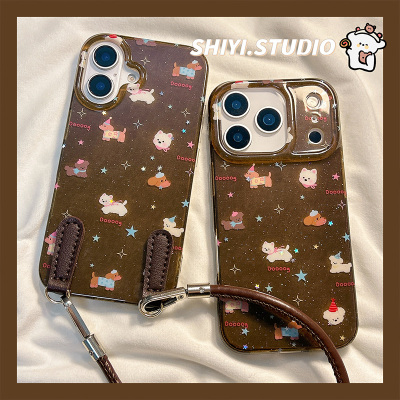 可爱棕色系星星小狗手绳适用苹果17promax手机壳带手绳16pro新款iphon17卡通15pro女款15硅胶14pm防摔13硬壳