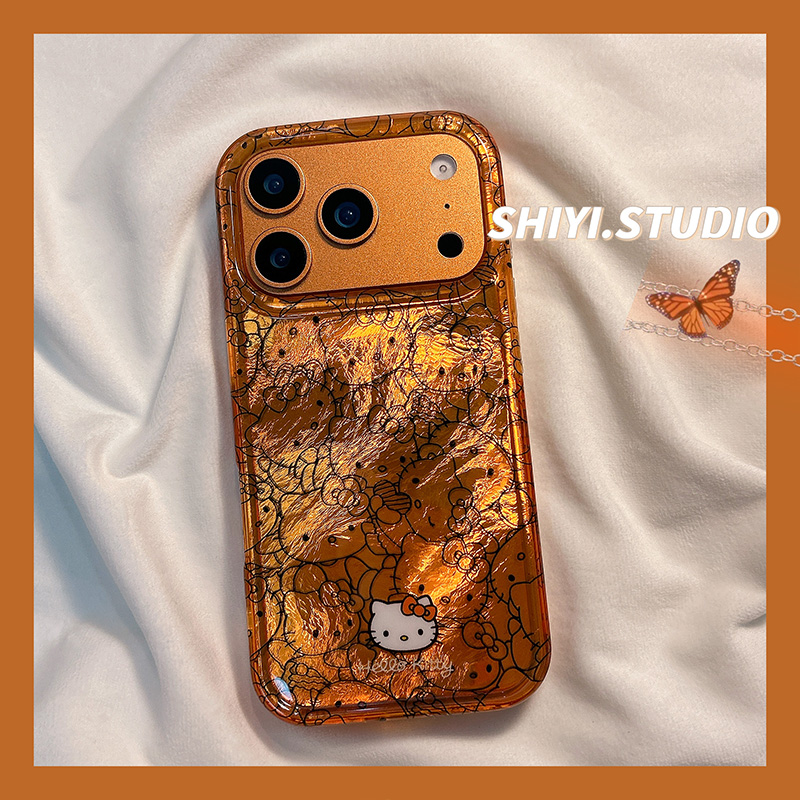 橙色锡纸纹满屏线条kitty适用苹果17promax手机壳16pro新款iphon17可爱15pro女款15硅胶14防摔13日韩双层硬壳
