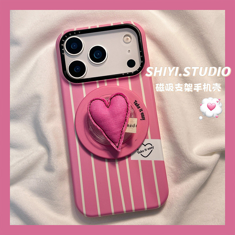 竖条纹布艺爱心磁吸支架适用苹果17promax手机壳16pro新款iphon17小众15pro少女粉15菲林14pm防摔13简约硬壳