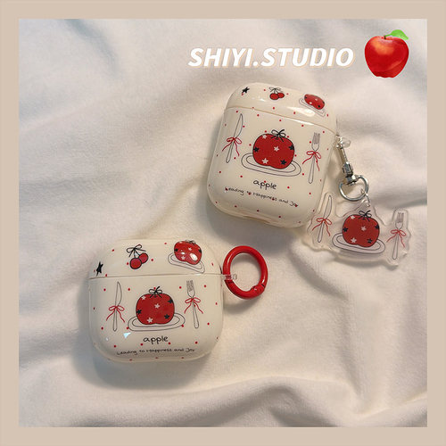 ins风星星红苹果丝带餐具适用AirPods4保护套新款Pro2苹果耳机壳韩系1/2代蓝牙3代airpodspro三代防摔保护壳