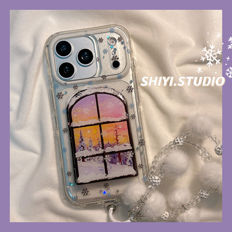 浪漫雪景小屋镜子折叠支架适用苹果17promax手机壳16pro新款iphon17小众15pro女款15硅胶14防摔13ins风双层壳