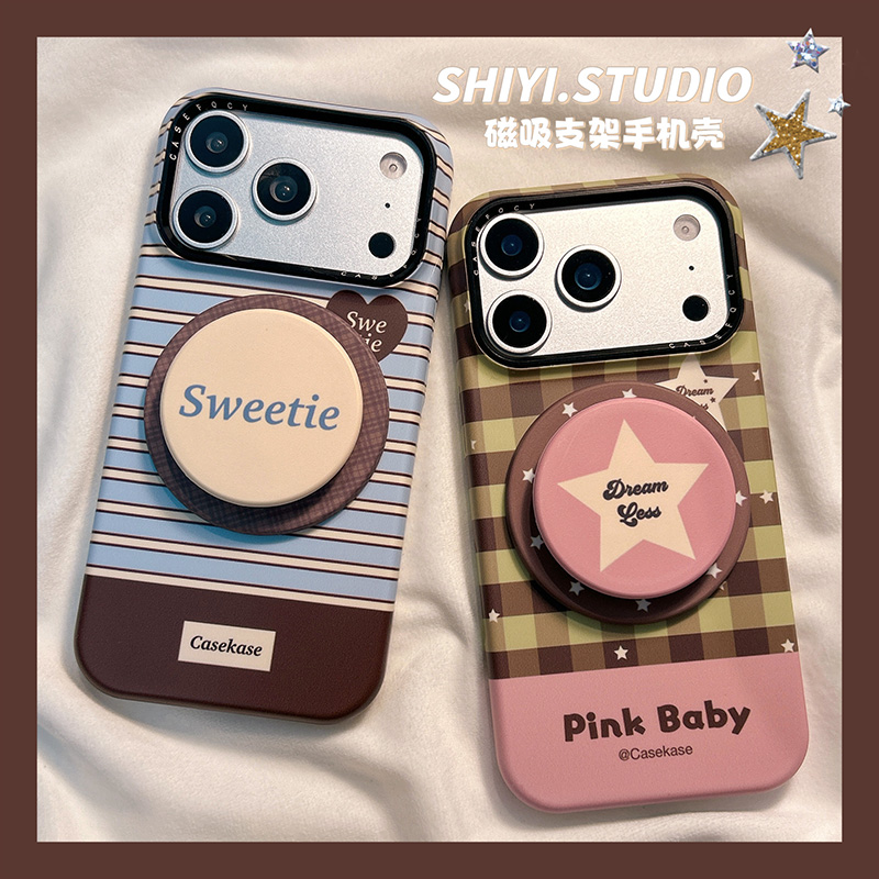 小众条纹格子拼色磁吸支架适用苹果17promax手机壳16pro新款iphon17简约15pro女款15菲林14防摔13日韩高级硬