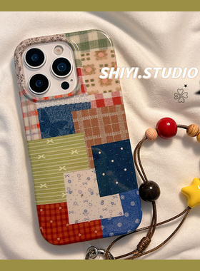 涩谷拼接格纹碎花适用苹果16promax手机壳带挂绳15pro新款iphon13日韩14pro女款15硅胶17pro小众17防摔全包硬