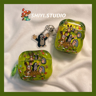 绿色可爱鼹鼠小动物适用AirPods4保护套新款Pro2苹果耳机壳卡通1/2代无线蓝牙3代airpodspro第三代防摔耳机套