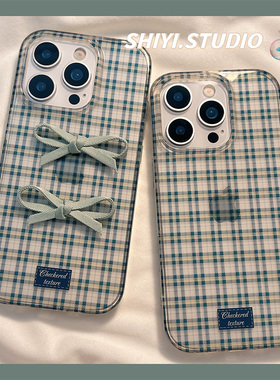 小众ins复古格纹蝴蝶结适用苹果16promax手机壳15pro新款iphon13简约17pro女款14硅胶12pro日韩17防摔全包硬