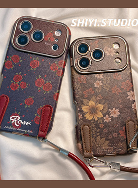 ins风复古花朵红玫瑰适用苹果17promax手机壳腕带手绳16pro新款iphon17小众15pro女款15硅胶14防摔13皮质软壳