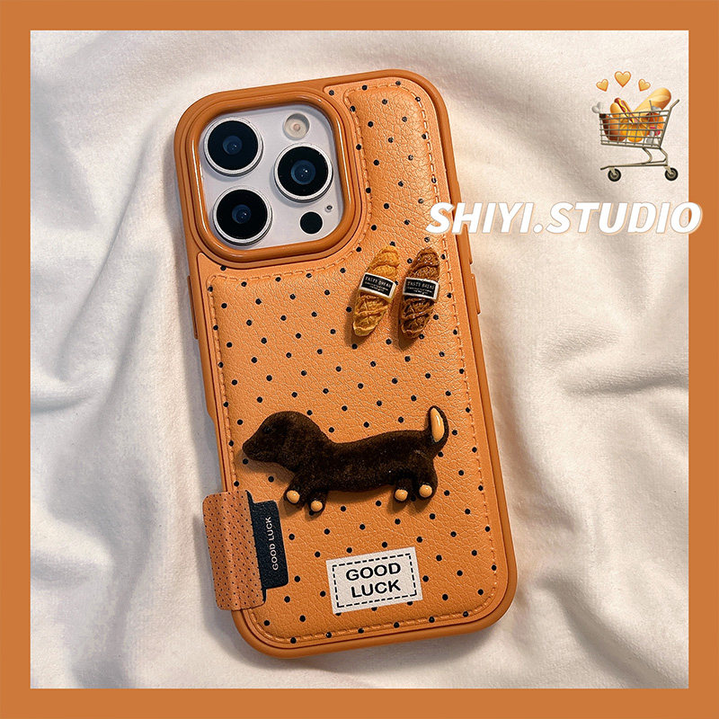 橙色黑波点立体面包腊肠狗适用苹果17promax手机壳16pro新款iphon17可爱15pro少女心15硅胶14防摔13皮质软壳