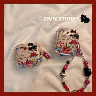 甜点草莓蛋糕猫咪插画适用AirPods保护套新款 2代无线蓝牙3代airpodspro2代软防摔保护壳 iPod苹果耳机壳链条1