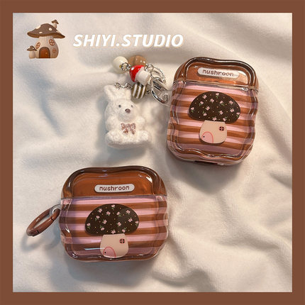 粉棕条纹碎花蘑菇小屋适用AirPods4保护套新款Pro2苹果耳机壳可爱1/2代蓝牙盒3代airpodspro三代软防摔保护壳