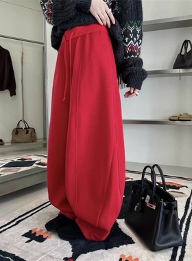 25秋冬新款加绒加厚松紧腰抽绳休闲裤女宽松显瘦阔腿弯刀裤条绒