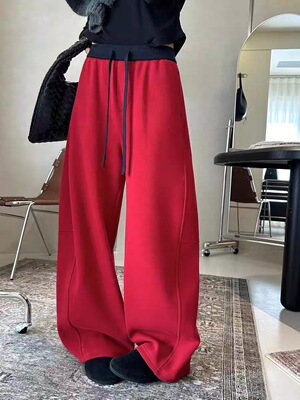 蒂娜25秋冬新款加绒加厚松紧腰抽绳休闲裤女宽松显瘦阔腿弯刀裤