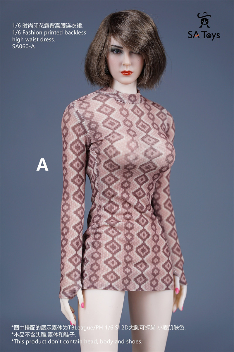 SA Toys SA060 1/6女兵人衣服 时尚印花露背高腰连衣裙紧身衣现货