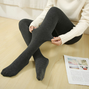 加绒连裤袜女冬加厚不掉档全棉竖条纹外穿踩脚高腰保暖显瘦一体裤