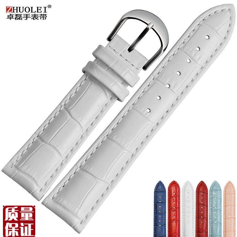 通用真皮手表带男女牛皮表链w代用铁达时14161820mm白红粉