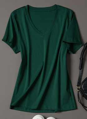2026夏季新款墨绿色丝光棉t恤女短袖时尚V领修身打底体桖半袖上衣