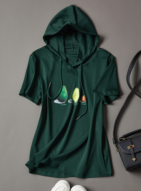 墨绿色丝光棉连帽短袖t恤女2025年新款夏季修身百搭上衣打底衫ins