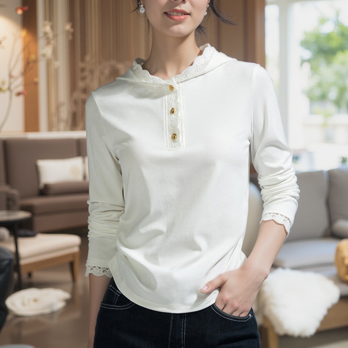 2025春秋新款白色设计感小众气质蕾丝边修身长袖连帽t恤女上衣潮