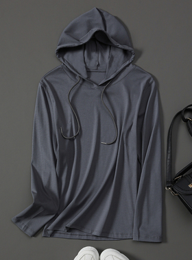 灰色长袖连帽t恤女2025春秋新款纯棉薄款打底衫丝光棉带帽上衣ins