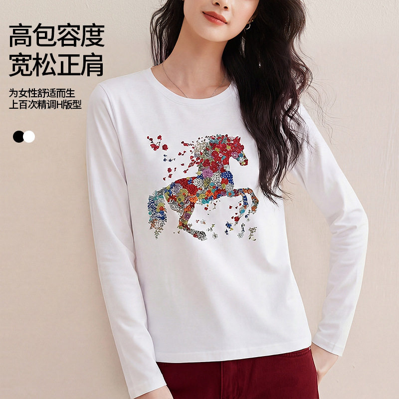烫钻印花小马正肩长袖T恤弹力修身显瘦磨毛打底衫女白色内搭上衣1,女装/女士精品,T恤,淘宝优惠券,粉丝福利购,淘宝优惠卷