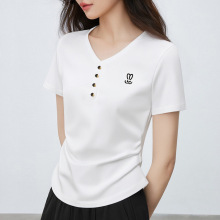 正肩短袖T恤女纯色V领百搭夏掐腰修身显瘦短款兔子刺绣白色上衣潮