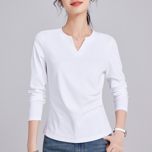 小V领长袖 t恤女2025春秋新款 捏褶收腰上衣正肩内搭白色打底衫 小衫