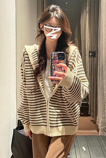 韩系慵懒风撞色新款 宽松条纹连帽针织开衫